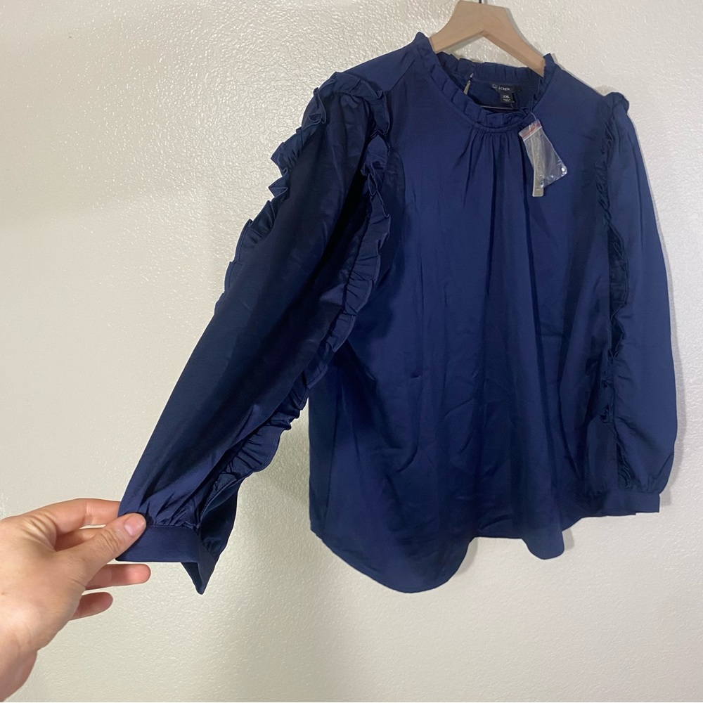 NWT J. Crew Ruffle-sleeve top in satin crepe Item AU248 XXL Navy Blue - Picture 2 of 9